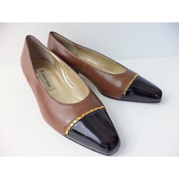 ETIENNE AIGNER TAMMY BROWN SMOOTH & BLACK PATENT LEATHER LOW HEEL PUMP SHOE 6.5M - Picture 1 of 7
